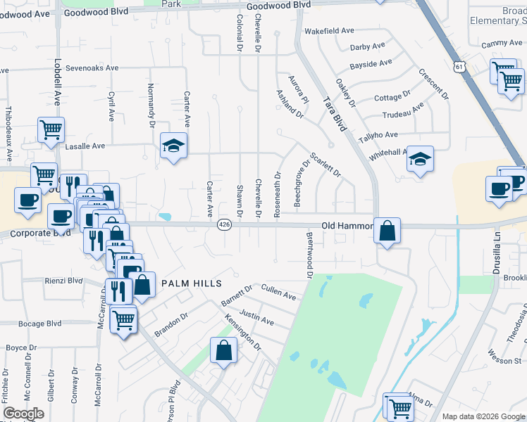 map of restaurants, bars, coffee shops, grocery stores, and more near 1981 Chevelle Drive in Baton Rouge