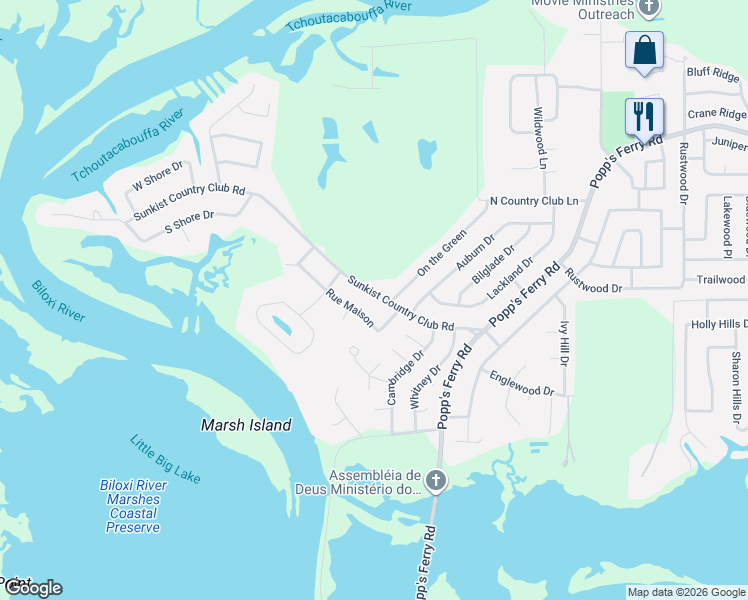 map of restaurants, bars, coffee shops, grocery stores, and more near 2305 Sunkist Country Club Road in Biloxi
