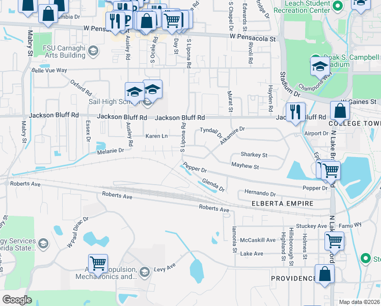 map of restaurants, bars, coffee shops, grocery stores, and more near 1819 Mayhew Street in Tallahassee
