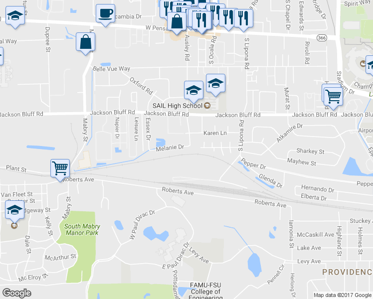 map of restaurants, bars, coffee shops, grocery stores, and more near 2105 Melanie Drive in Tallahassee