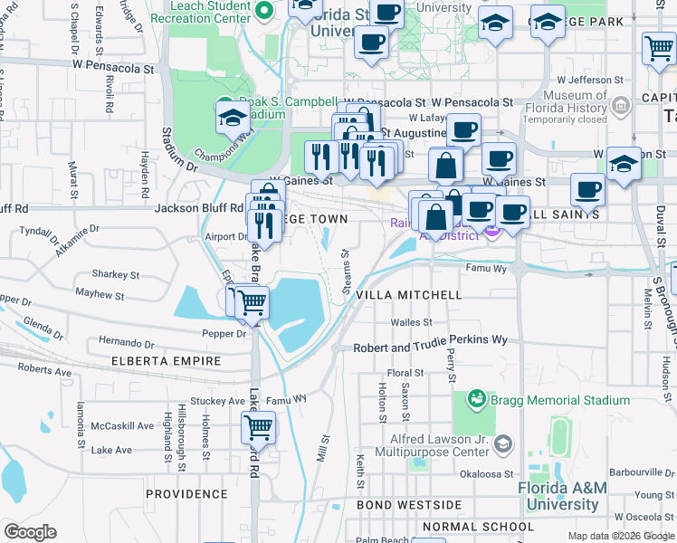 map of restaurants, bars, coffee shops, grocery stores, and more near 1210 Stearns Street in Tallahassee