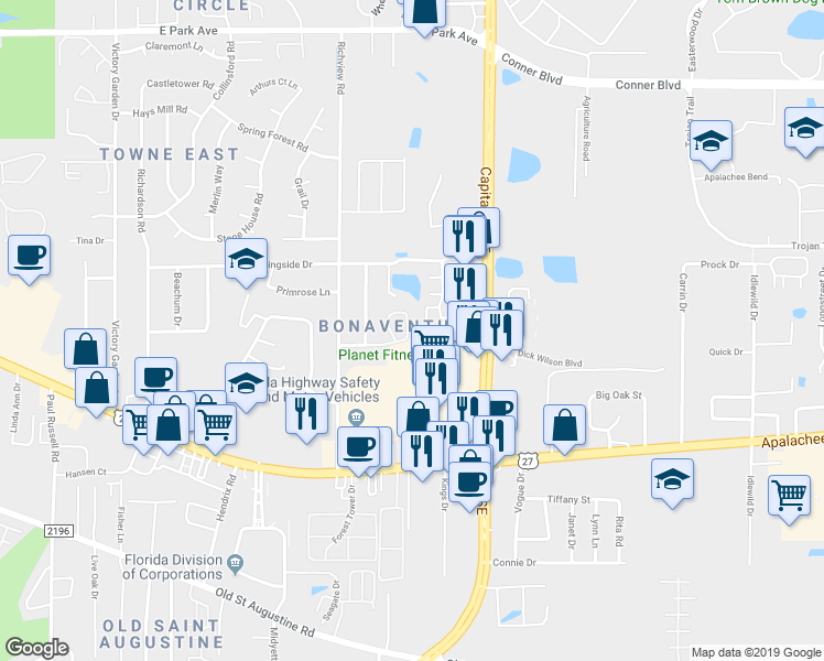 map of restaurants, bars, coffee shops, grocery stores, and more near 3059 Camelliawood Circle East in Tallahassee
