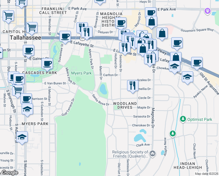 map of restaurants, bars, coffee shops, grocery stores, and more near 1130 Old Fort Drive in Tallahassee