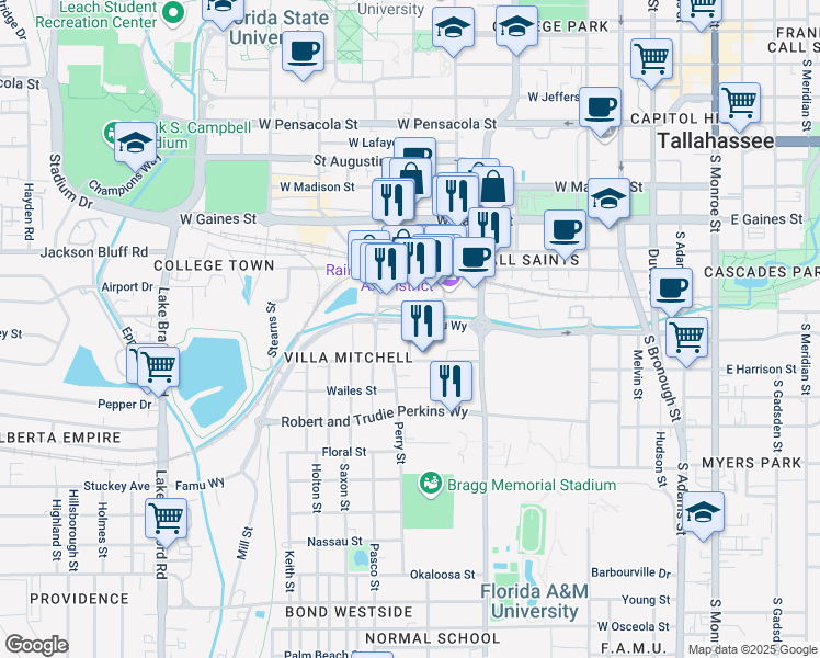 map of restaurants, bars, coffee shops, grocery stores, and more near 1211 Conklin Street in Tallahassee