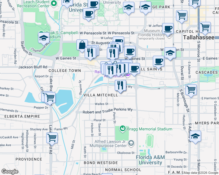 map of restaurants, bars, coffee shops, grocery stores, and more near 802 Famu Way in Tallahassee