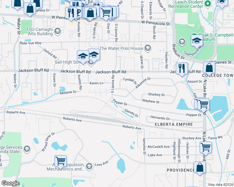 map of restaurants, bars, coffee shops, grocery stores, and more near 1819 Mayhew Street in Tallahassee