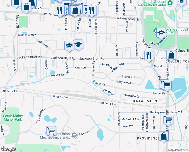 map of restaurants, bars, coffee shops, grocery stores, and more near 1819 Mayhew Street in Tallahassee