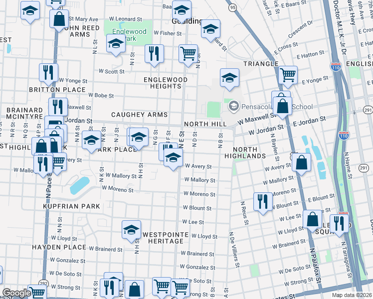 map of restaurants, bars, coffee shops, grocery stores, and more near 1990 North E Street in Pensacola