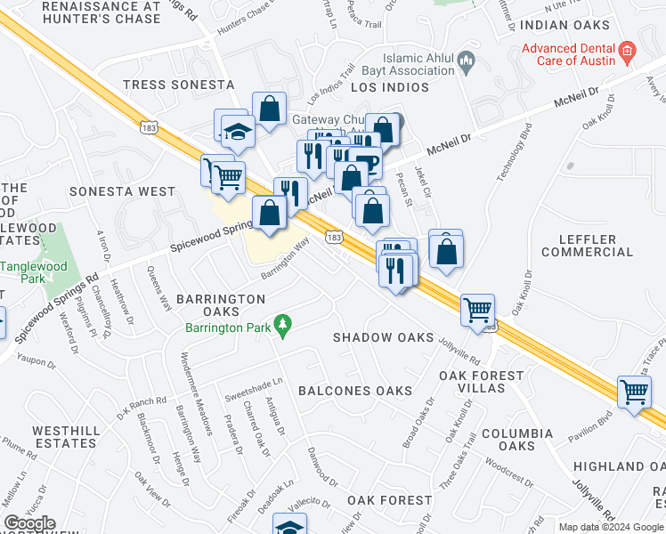 map of restaurants, bars, coffee shops, grocery stores, and more near 12730 Research Boulevard in Austin