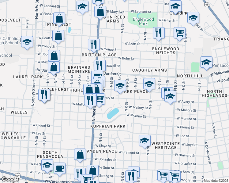 map of restaurants, bars, coffee shops, grocery stores, and more near 1811 North M Street in Pensacola
