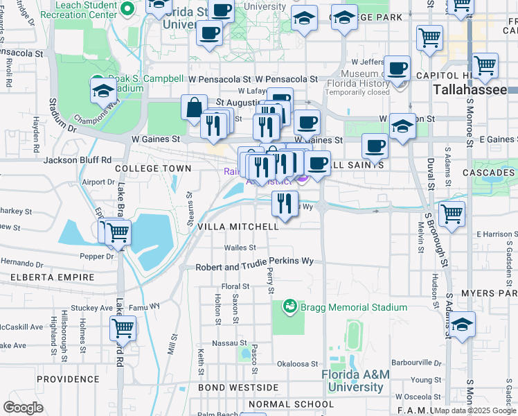 map of restaurants, bars, coffee shops, grocery stores, and more near 802 Famu Way in Tallahassee
