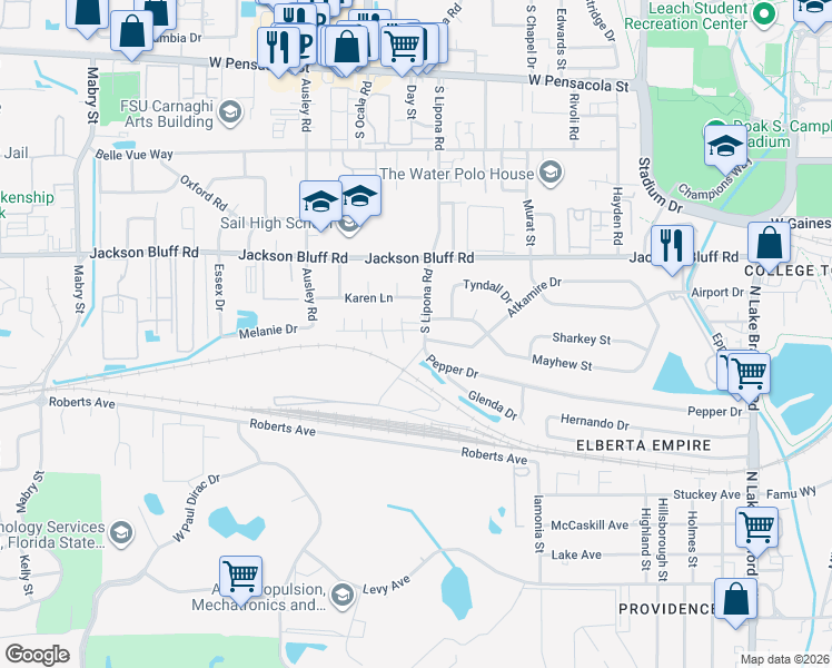 map of restaurants, bars, coffee shops, grocery stores, and more near 910 South Lipona Road in Tallahassee