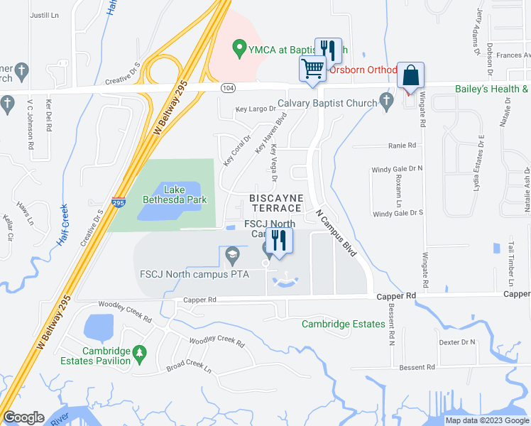 map of restaurants, bars, coffee shops, grocery stores, and more near 4316 Campus Hills Circle in Jacksonville