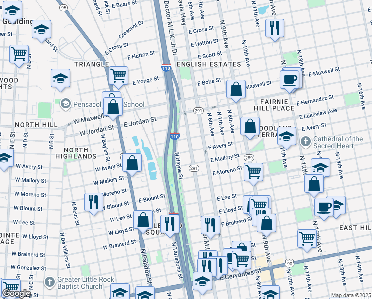 map of restaurants, bars, coffee shops, grocery stores, and more near 318 East Avery Street in Pensacola