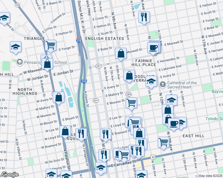 map of restaurants, bars, coffee shops, grocery stores, and more near 651 East Avery Street in Pensacola