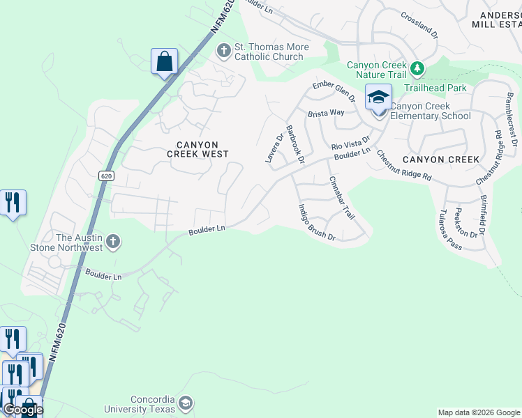 map of restaurants, bars, coffee shops, grocery stores, and more near 9612 Corbe Drive in Austin