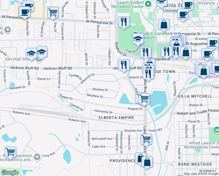 map of restaurants, bars, coffee shops, grocery stores, and more near 1622 Sharkey Street in Tallahassee
