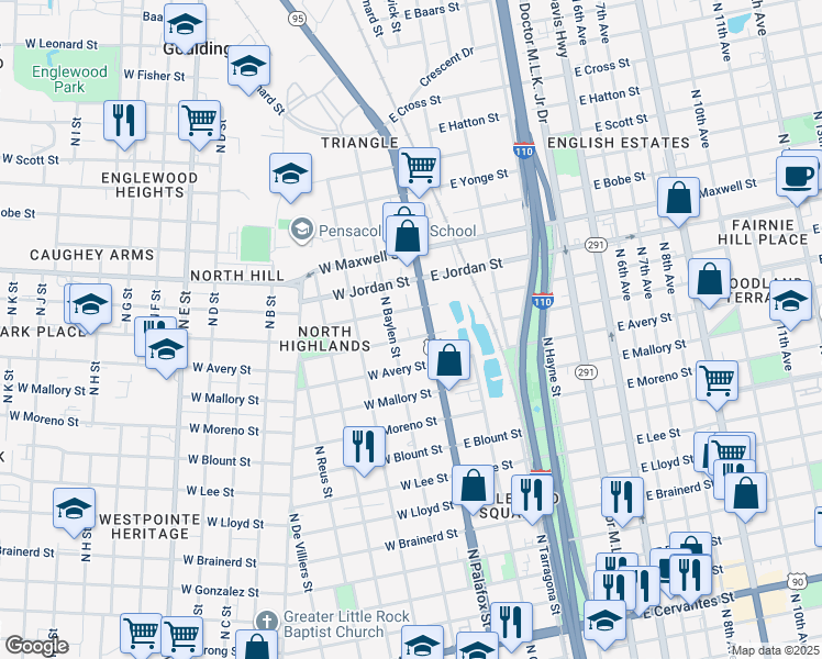 map of restaurants, bars, coffee shops, grocery stores, and more near 20A West Lakeview Avenue in Pensacola