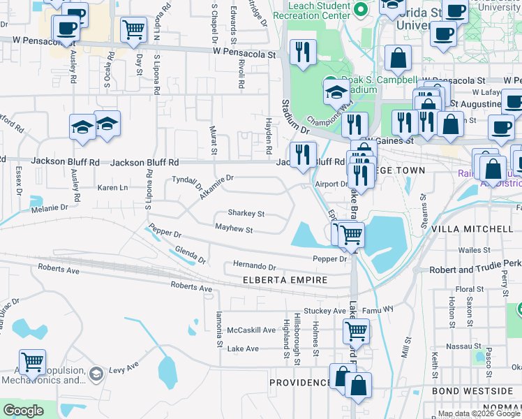 map of restaurants, bars, coffee shops, grocery stores, and more near 1630 Sharkey Street in Tallahassee