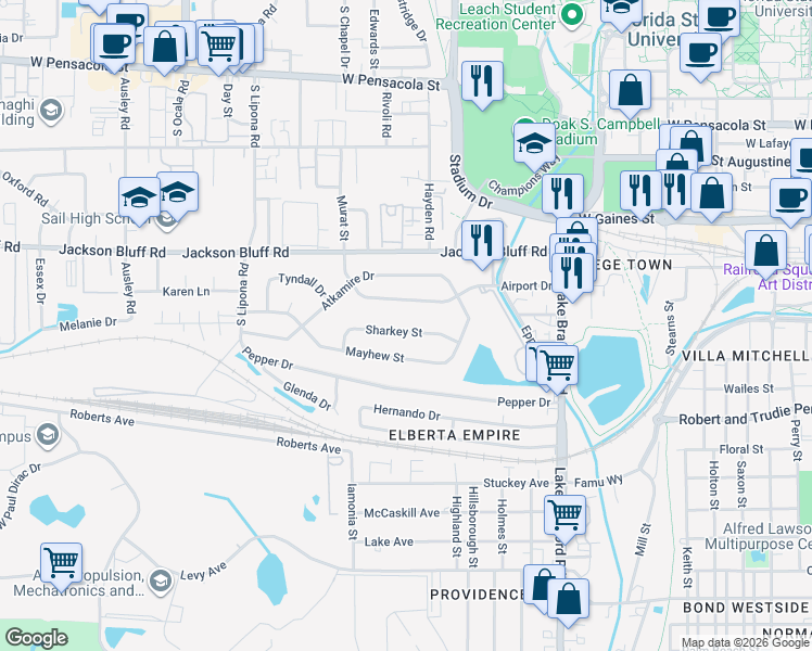 map of restaurants, bars, coffee shops, grocery stores, and more near 1646 Sharkey Street in Tallahassee
