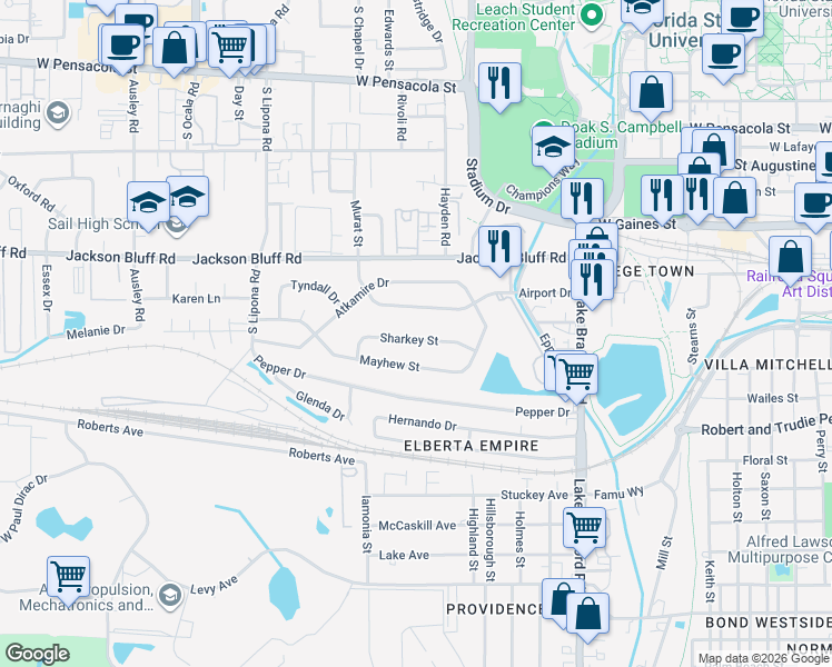 map of restaurants, bars, coffee shops, grocery stores, and more near 1646 Sharkey Street in Tallahassee