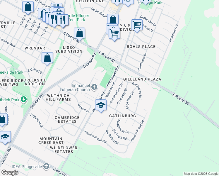 map of restaurants, bars, coffee shops, grocery stores, and more near 500 Suzzane Road in Pflugerville