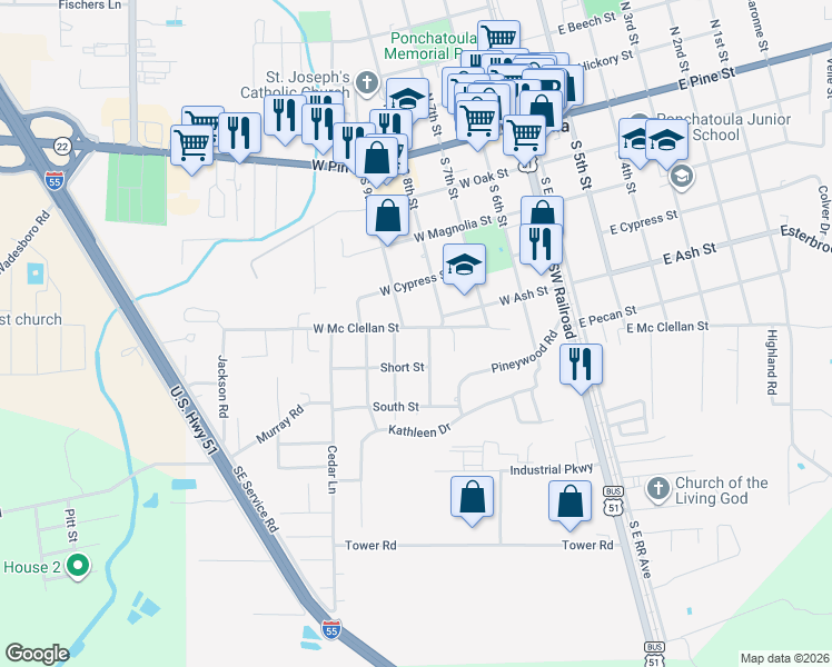 map of restaurants, bars, coffee shops, grocery stores, and more near 441 West Mc Clellan Street in Ponchatoula
