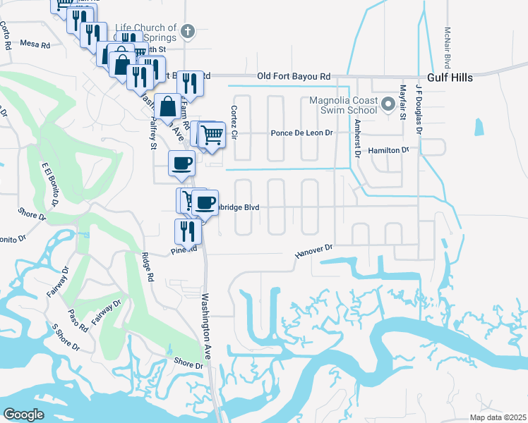 map of restaurants, bars, coffee shops, grocery stores, and more near 12909 Cambridge Boulevard in Ocean Springs