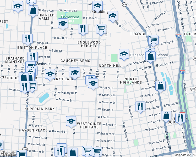 map of restaurants, bars, coffee shops, grocery stores, and more near 1990 North E Street in Pensacola