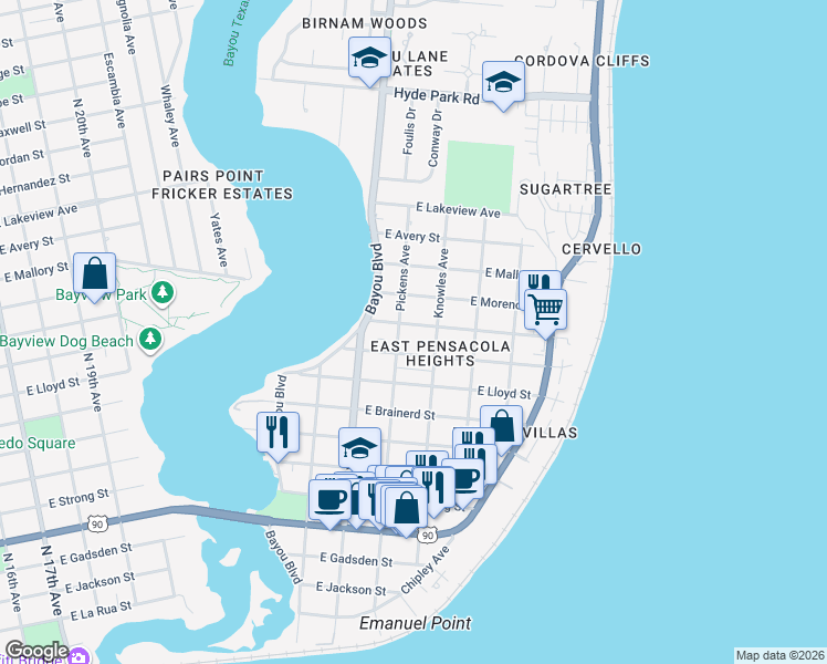 map of restaurants, bars, coffee shops, grocery stores, and more near 2907 East Blount Street in Pensacola