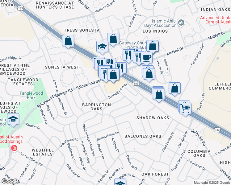 map of restaurants, bars, coffee shops, grocery stores, and more near 11910 Barrington Way in Austin