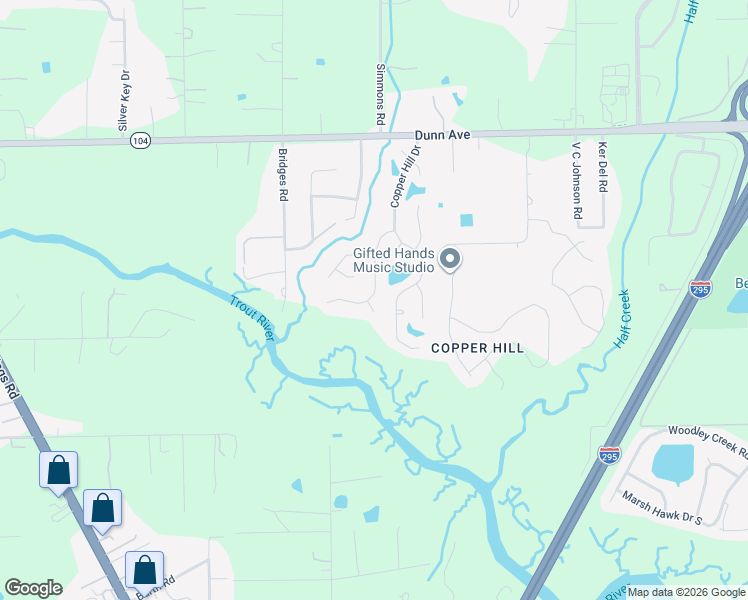 map of restaurants, bars, coffee shops, grocery stores, and more near 5917 Copper Creek Drive in Jacksonville