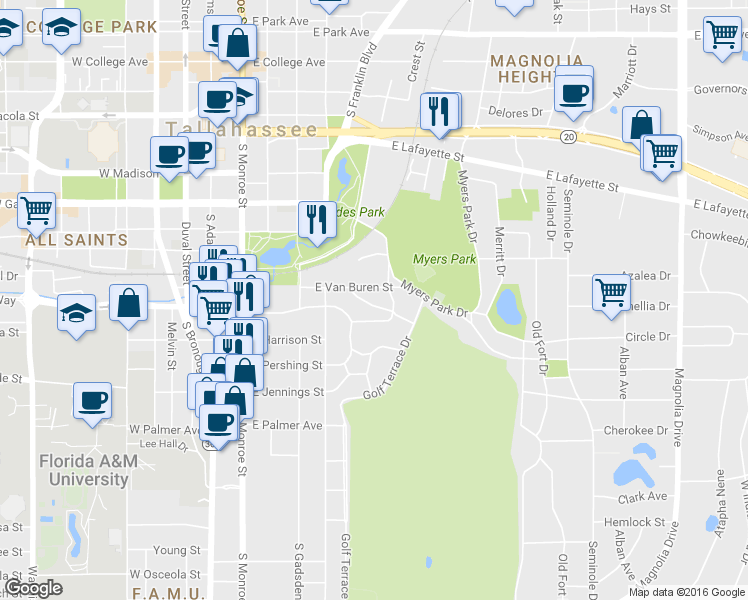 map of restaurants, bars, coffee shops, grocery stores, and more near 545 East Van Buren Street in Tallahassee