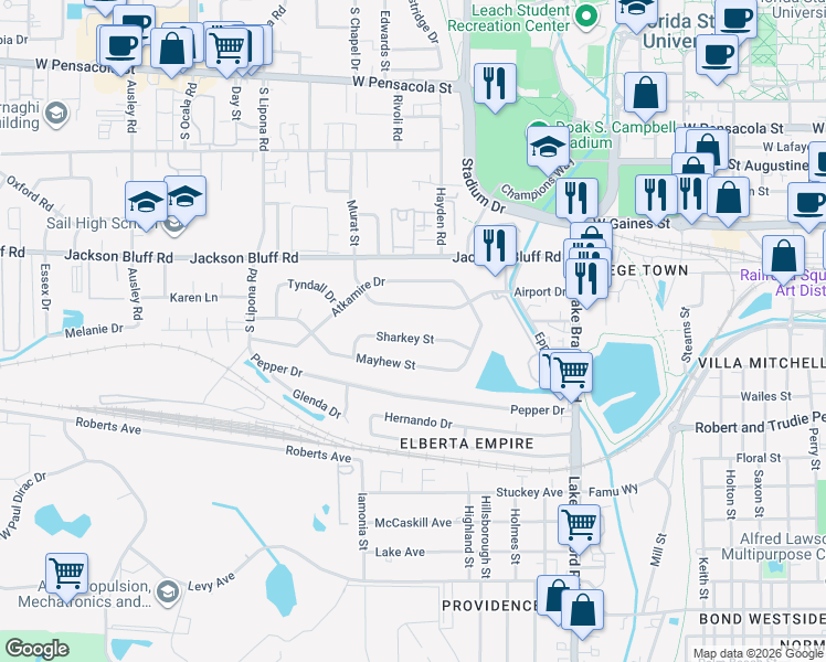 map of restaurants, bars, coffee shops, grocery stores, and more near 1646 Sharkey Street in Tallahassee