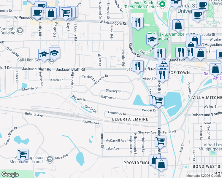 map of restaurants, bars, coffee shops, grocery stores, and more near 1646 Sharkey Street in Tallahassee