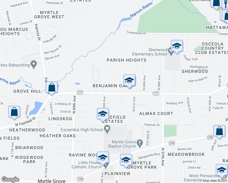 map of restaurants, bars, coffee shops, grocery stores, and more near 6310 West Fairfield Drive in Pensacola