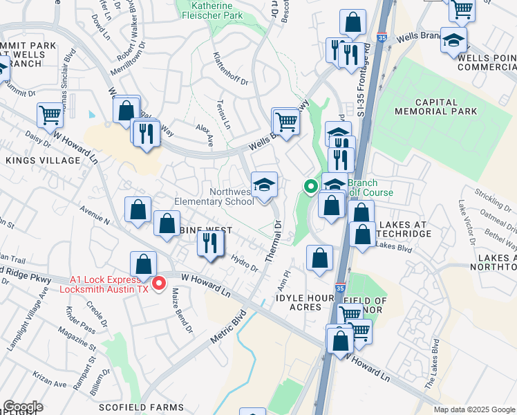 map of restaurants, bars, coffee shops, grocery stores, and more near 14000 Thermal Drive in Austin