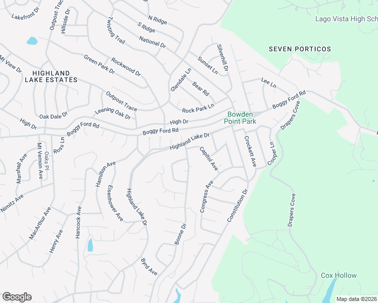 map of restaurants, bars, coffee shops, grocery stores, and more near 3801 Boone Drive in Lago Vista