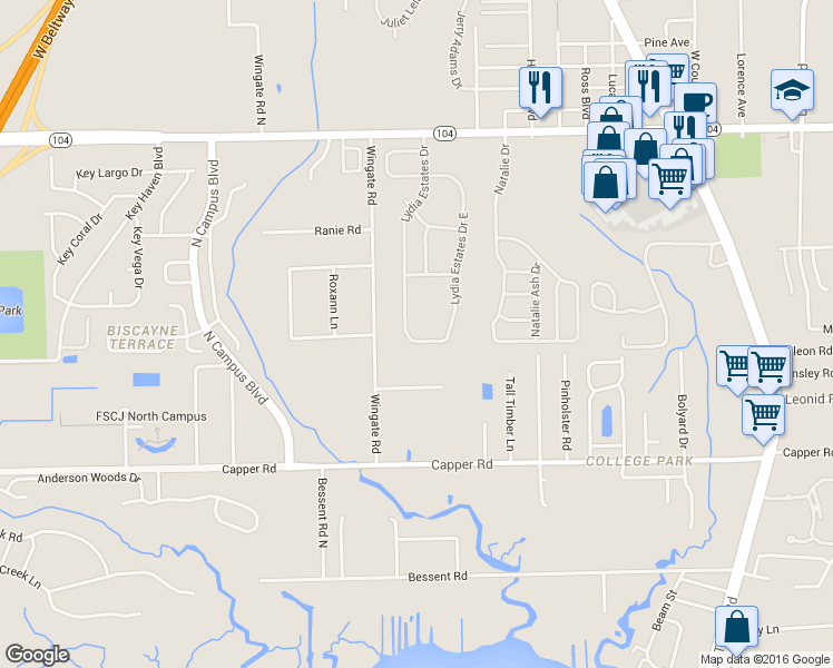 map of restaurants, bars, coffee shops, grocery stores, and more near 10820 Lydia Estates Drive East in Jacksonville
