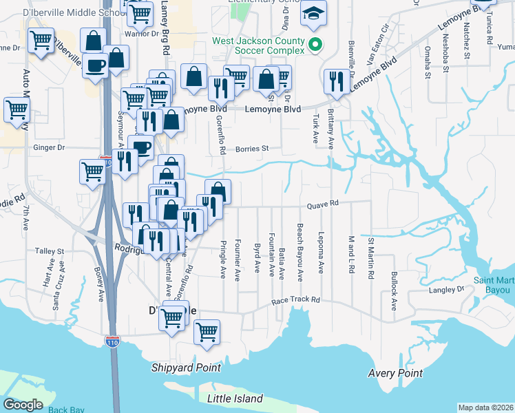 map of restaurants, bars, coffee shops, grocery stores, and more near 3078 Quave Rd in D'Iberville