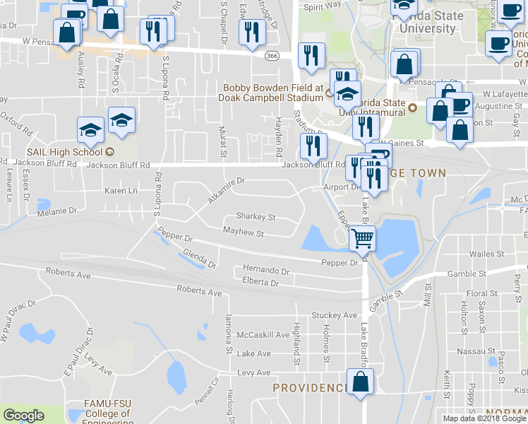 map of restaurants, bars, coffee shops, grocery stores, and more near 1638 Sharkey Street in Tallahassee