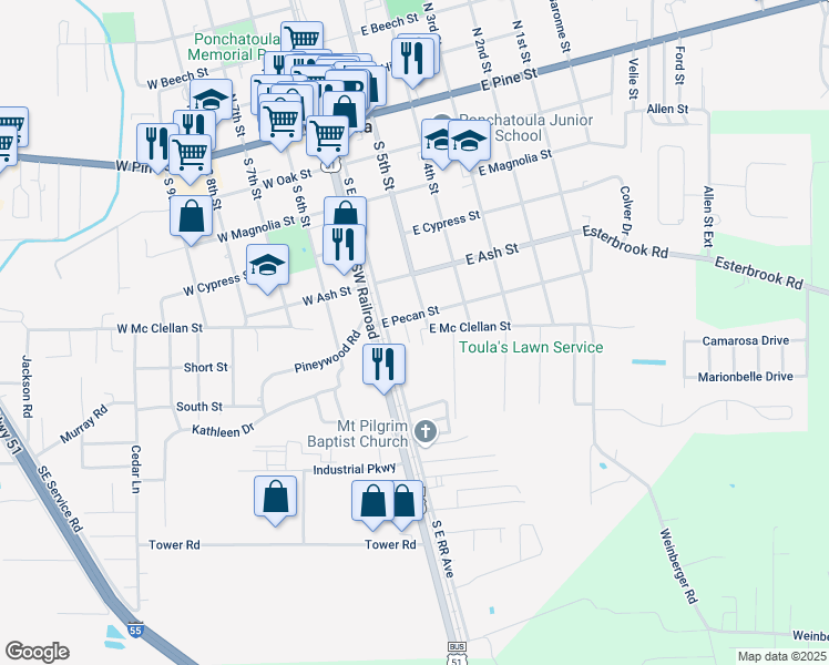 map of restaurants, bars, coffee shops, grocery stores, and more near 150 East Pecan Street in Ponchatoula