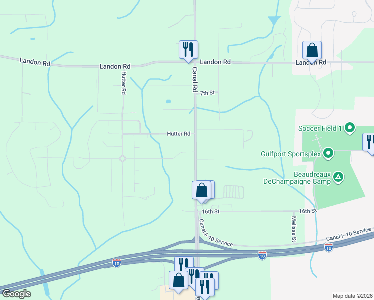 map of restaurants, bars, coffee shops, grocery stores, and more near 10149 Canal Road in Gulfport