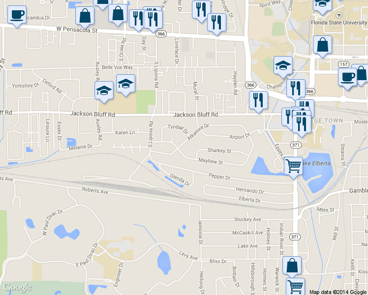 map of restaurants, bars, coffee shops, grocery stores, and more near 1733 Atkamire Drive in Tallahassee