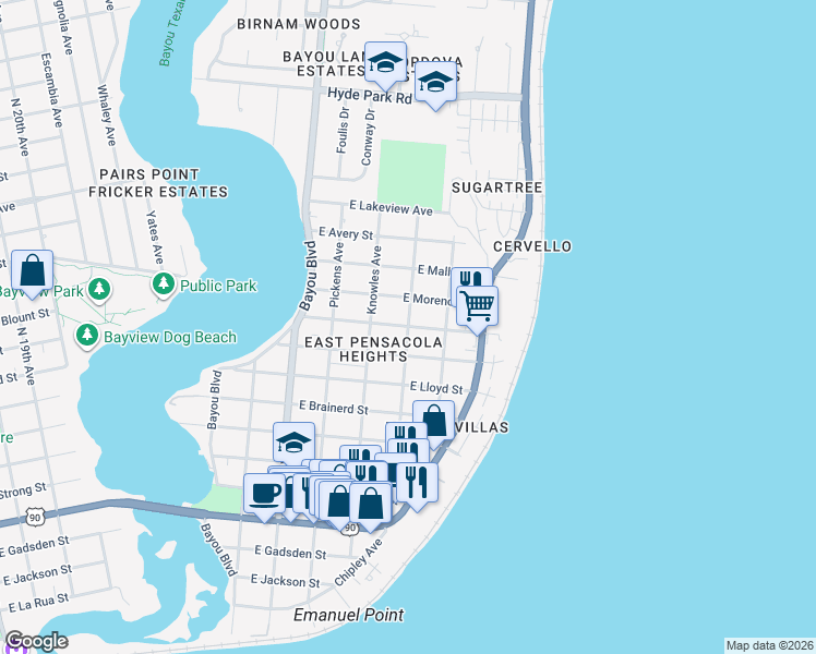 map of restaurants, bars, coffee shops, grocery stores, and more near 3202 East Blount Street in Pensacola