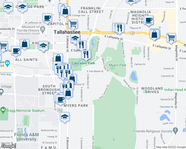 map of restaurants, bars, coffee shops, grocery stores, and more near 511 Hart Street in Tallahassee