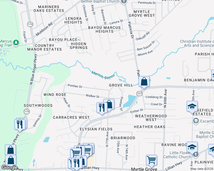 map of restaurants, bars, coffee shops, grocery stores, and more near 77TH Bond Street in Pensacola