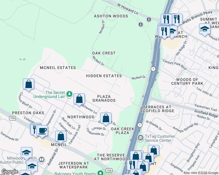 map of restaurants, bars, coffee shops, grocery stores, and more near 13101 El Camino Road in Austin