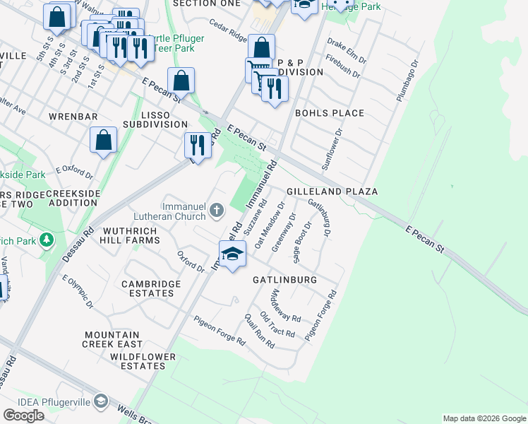 map of restaurants, bars, coffee shops, grocery stores, and more near 411 Oat Meadow Drive in Pflugerville