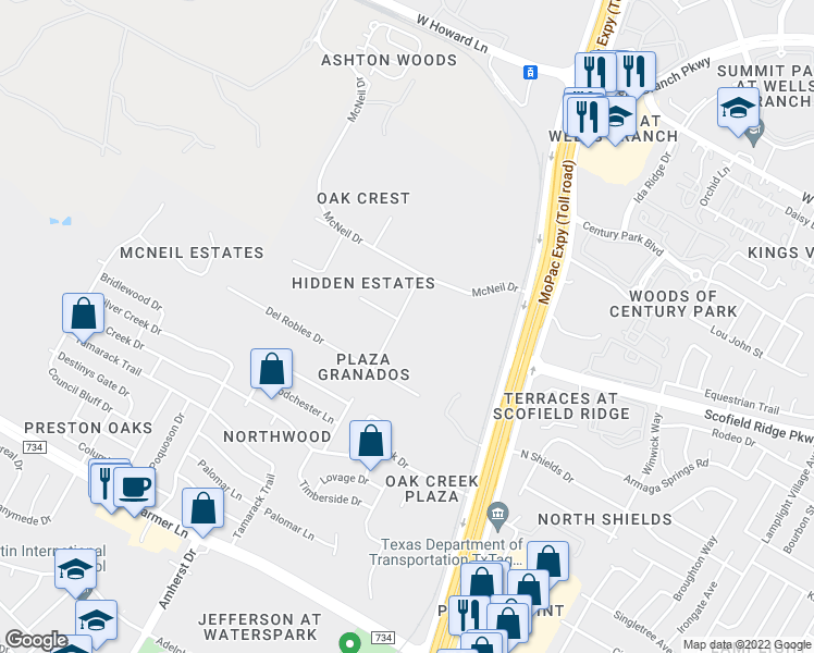 map of restaurants, bars, coffee shops, grocery stores, and more near 13101 El Camino Road in Austin
